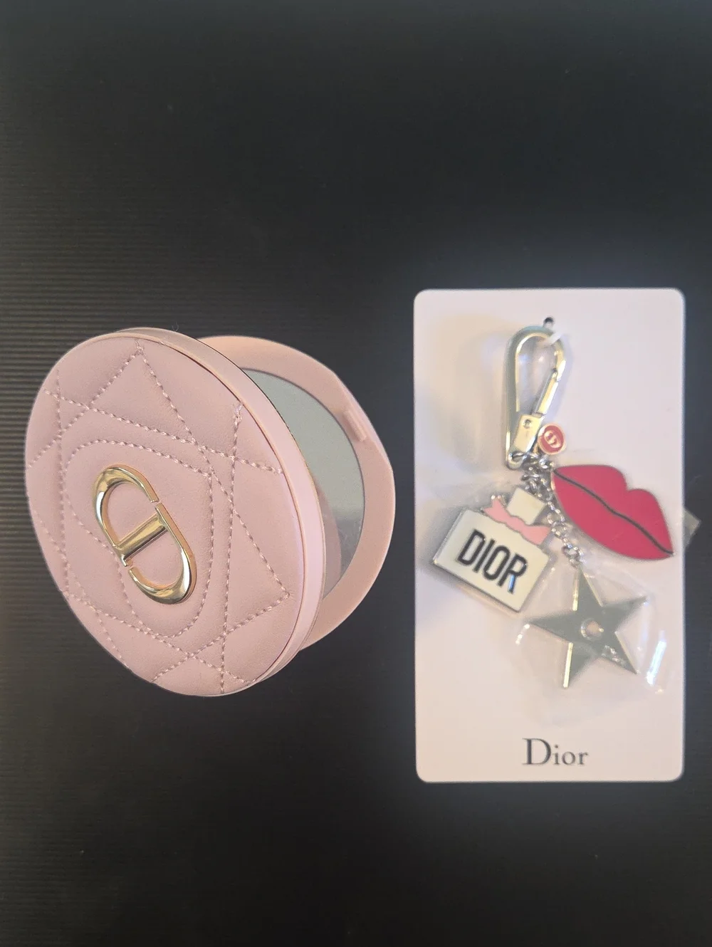 Dior Pink Quilted Leather Compact with Lip, Star & Dior Bag Charm Keychain
